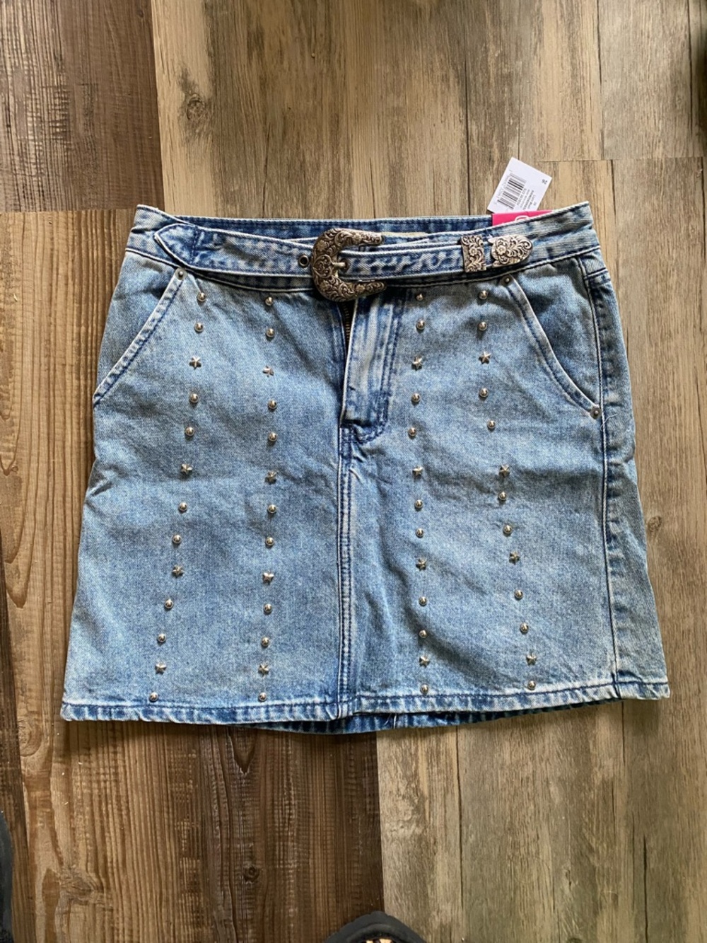 Rock and Roll Denim Studded Light Blue Denim Skirt with Western Buckle Belt